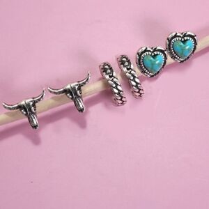 Trio Western Turq Heart Bull Rope Huggie Earrings